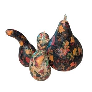 Thanksgiving Fall Handmade Set Of 3 Paper Mache Authentic Gourds